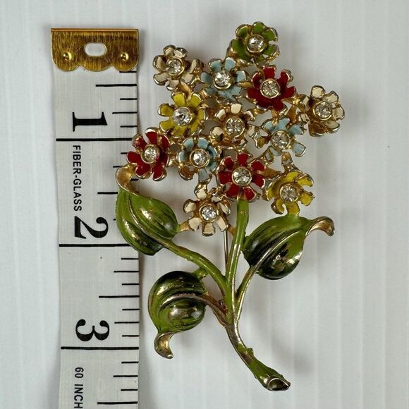 Vintage Figural Enameled Rhinestone Flower Bouquet Brooch Pin Floral - Picture 6 of 7
